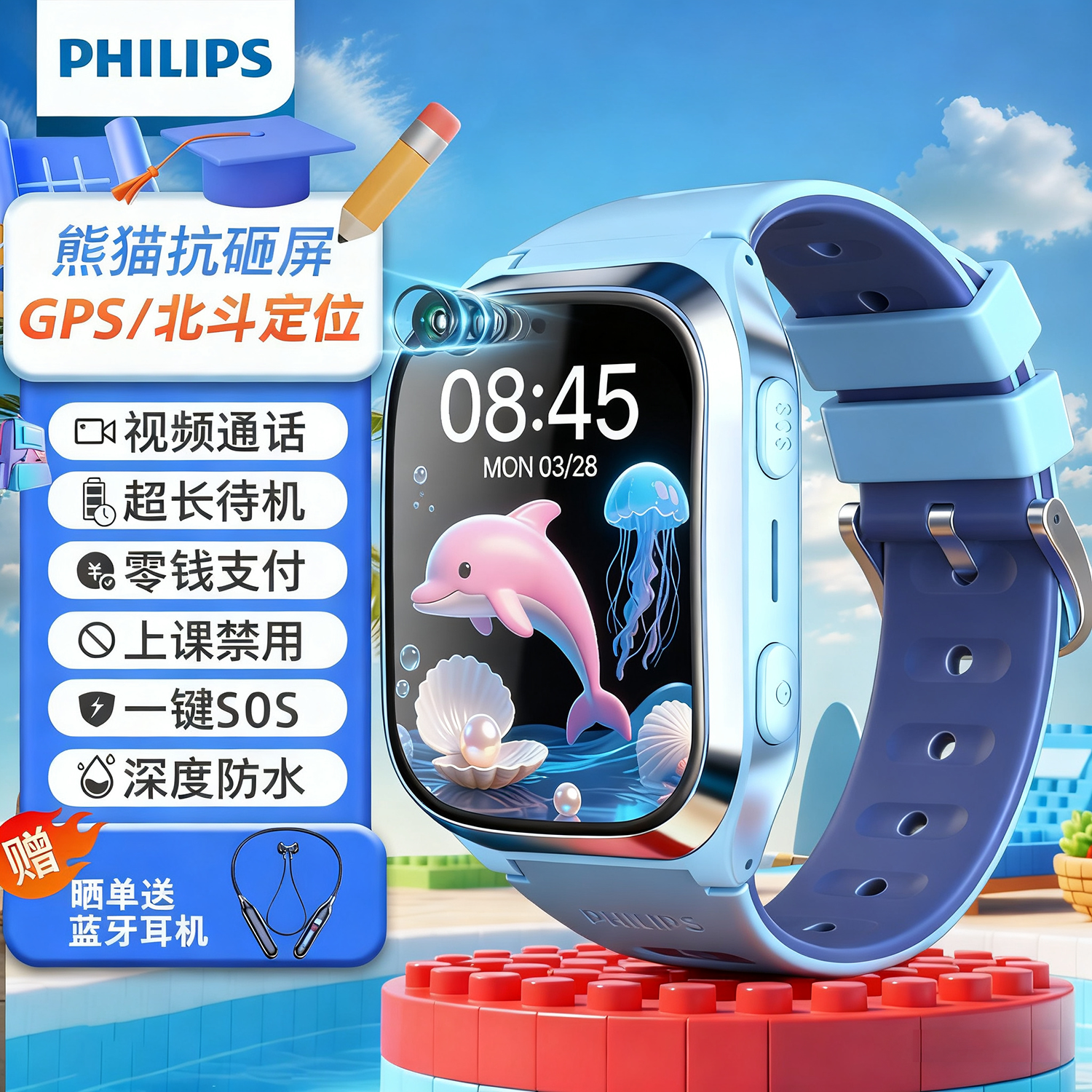 飞利浦(PHILIPS)儿童电话手表Z5 长续航高清视频 防水GPS定位智能手表 4G全网通插卡男女孩儿童青少年学生表 蓝色