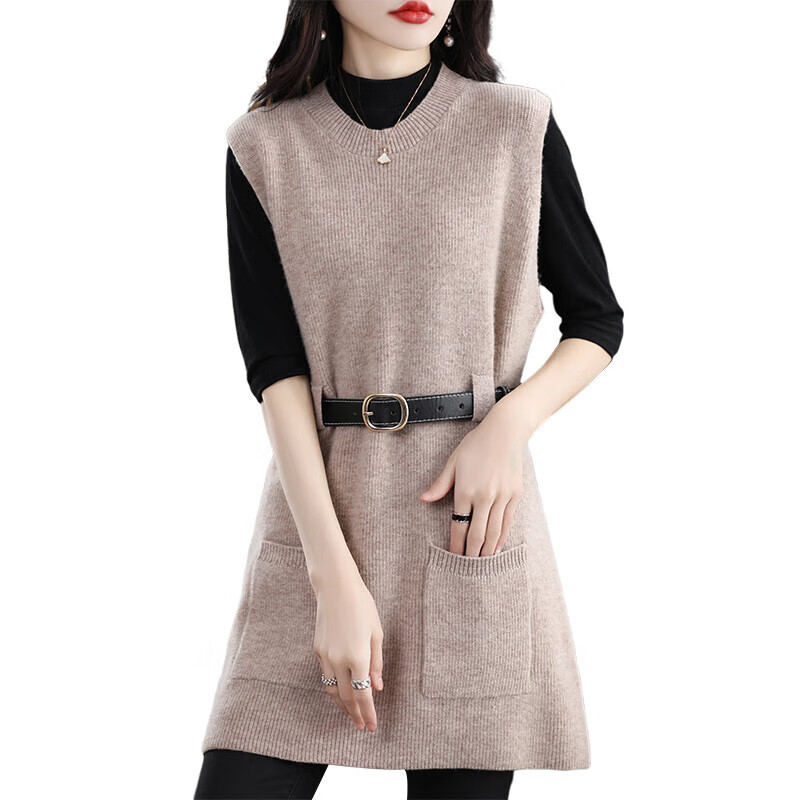 鄂尔多斯市秋冬新款羊毛针织背心裙女气质带兜中长款马甲外穿坎肩 黑色 2XL