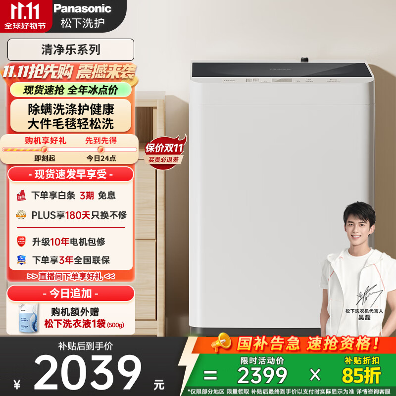松下（Panasonic）【吴磊推荐】波轮洗衣机全自动10公斤大容量 智能除螨桶自洁内衣洗衣机 家电国家补贴XQB100