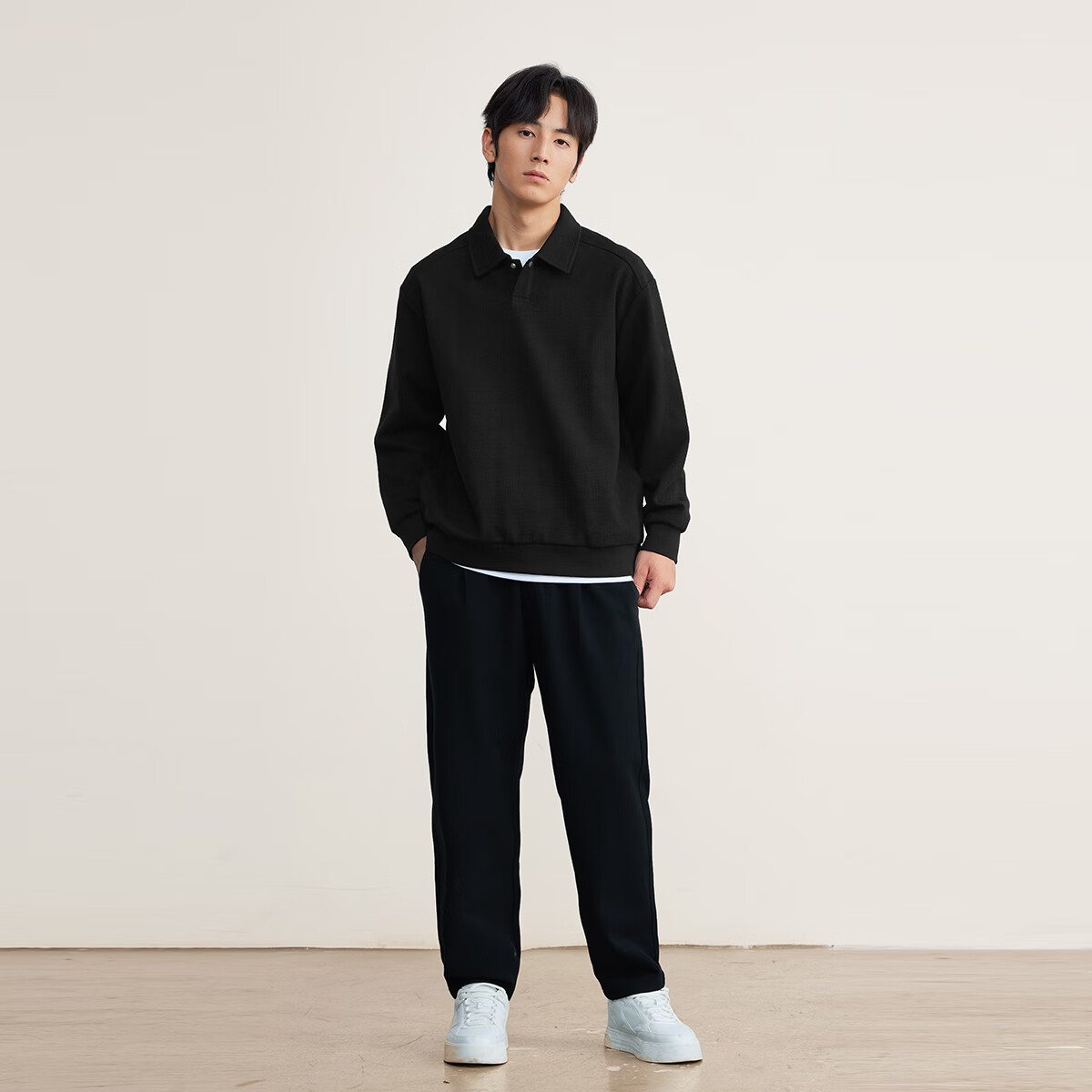 MARKLESS提花面料Polo领卫衣男士一粒扣套头休闲宽松翻领上衣5404 黑色 L