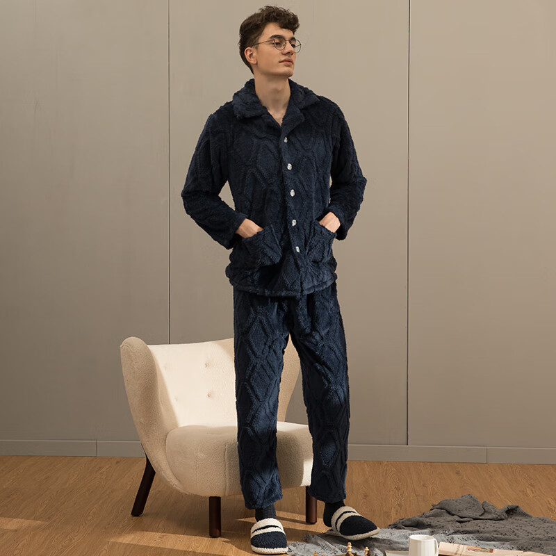 芬腾男士睡衣珊瑚绒家居服套装秋冬保暖 M98241404-宝兰 XL