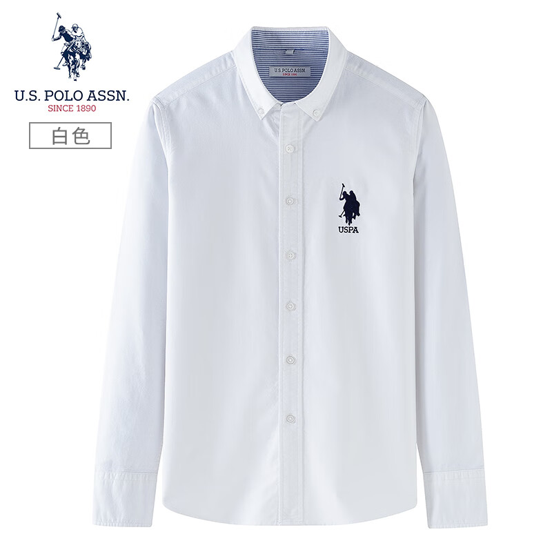 U.S. POLO ASSN.保罗衬衫男秋季长袖衬衣商务休闲时尚百搭纯色上衣男装 白色 M 170/88A