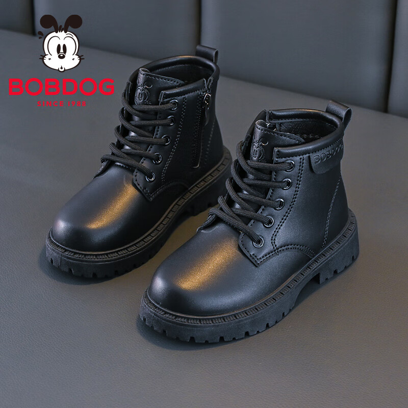 巴布豆（BOBDOG）童鞋女童冬季舒适百搭马丁靴中大童休闲二棉鞋2025加绒保暖靴子 黑色 38 适合脚长23.0cm