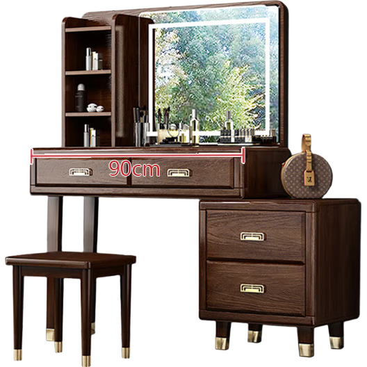 梵艾奇 全實木梳妝臺臥室?guī)艋瘖y臺新中式大容量伸縮化妝桌收納化妝柜 二斗妝臺圓鏡【升級帶燈款】