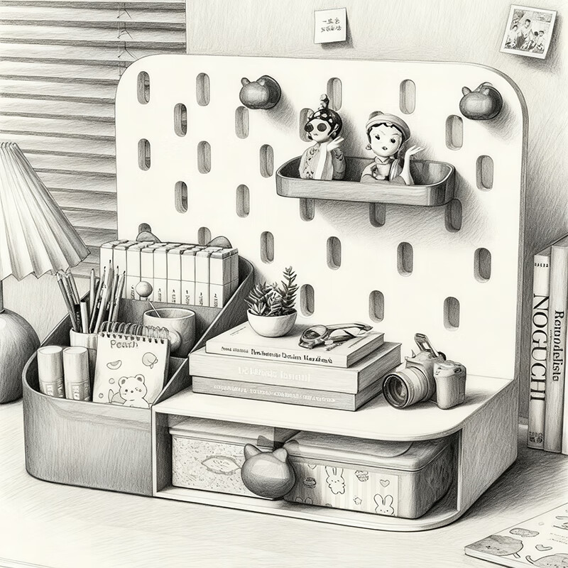 尔思家桌面收纳盒笔筒办公桌高颜值轻奢抽屉式杂物储物盒学生透明置物架 桌面收纳洞洞板-红色