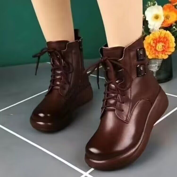 【热销】复古马丁靴女加绒2025秋冬新款中老年妈妈短皮靴松糕厚底 跟高4cm【棕色】加绒款 35 （脚胖宽拍大一码）