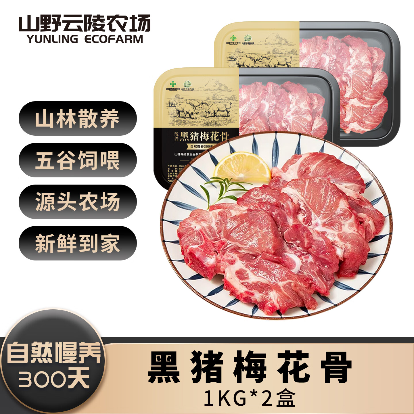 山野云陵农场 黑猪纯肋排中段无脊骨 梅花骨肉猪脆骨肋排 皖南土猪300天慢养 黑猪梅花骨1kg*2盒