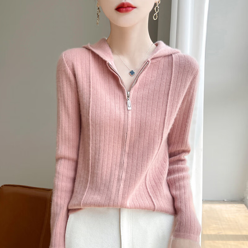 雪蓮（SNOW LOTUS）2025秋冬新款女純羊毛衫開衫四平拉鏈帽衫百搭休閑針織衫外套 柔粉色 M