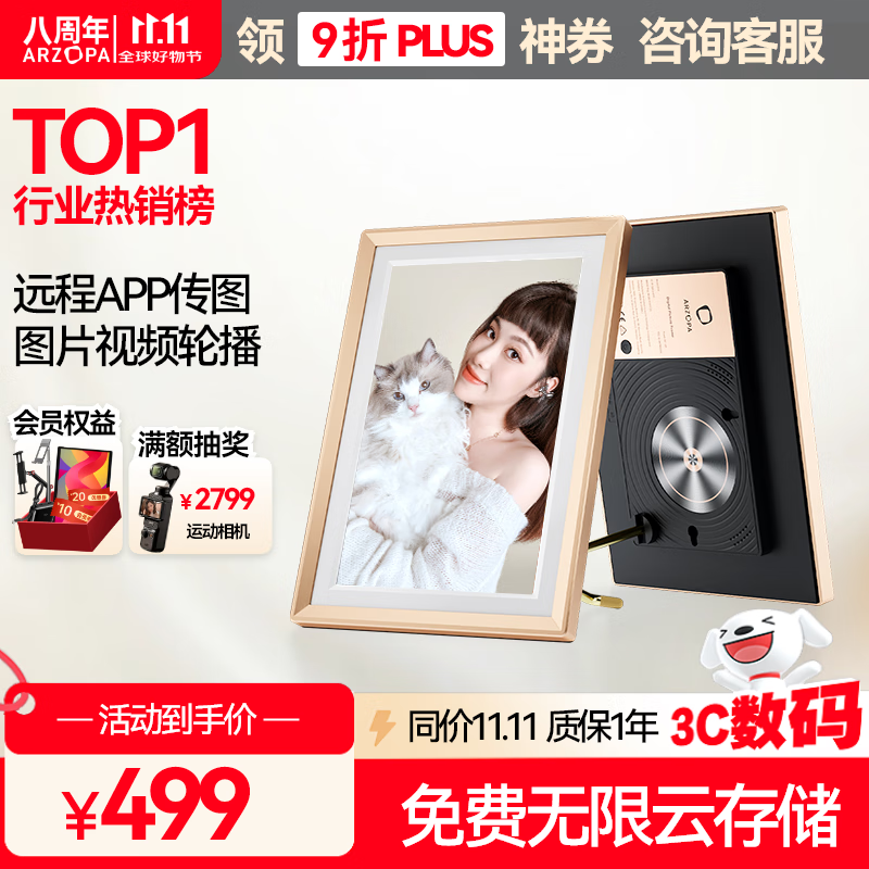 ARZOPA阿卓帕 10.1英寸数码智能云相框 高清电子相册 照片视频触摸播放  端午节礼物 D10香槟金