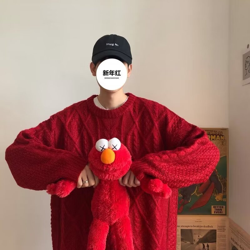 POUM港风复古毛衣男装秋冬季时尚潮流宽松简约百搭套头长袖针织衫上衣 GLFS-M176红色 M