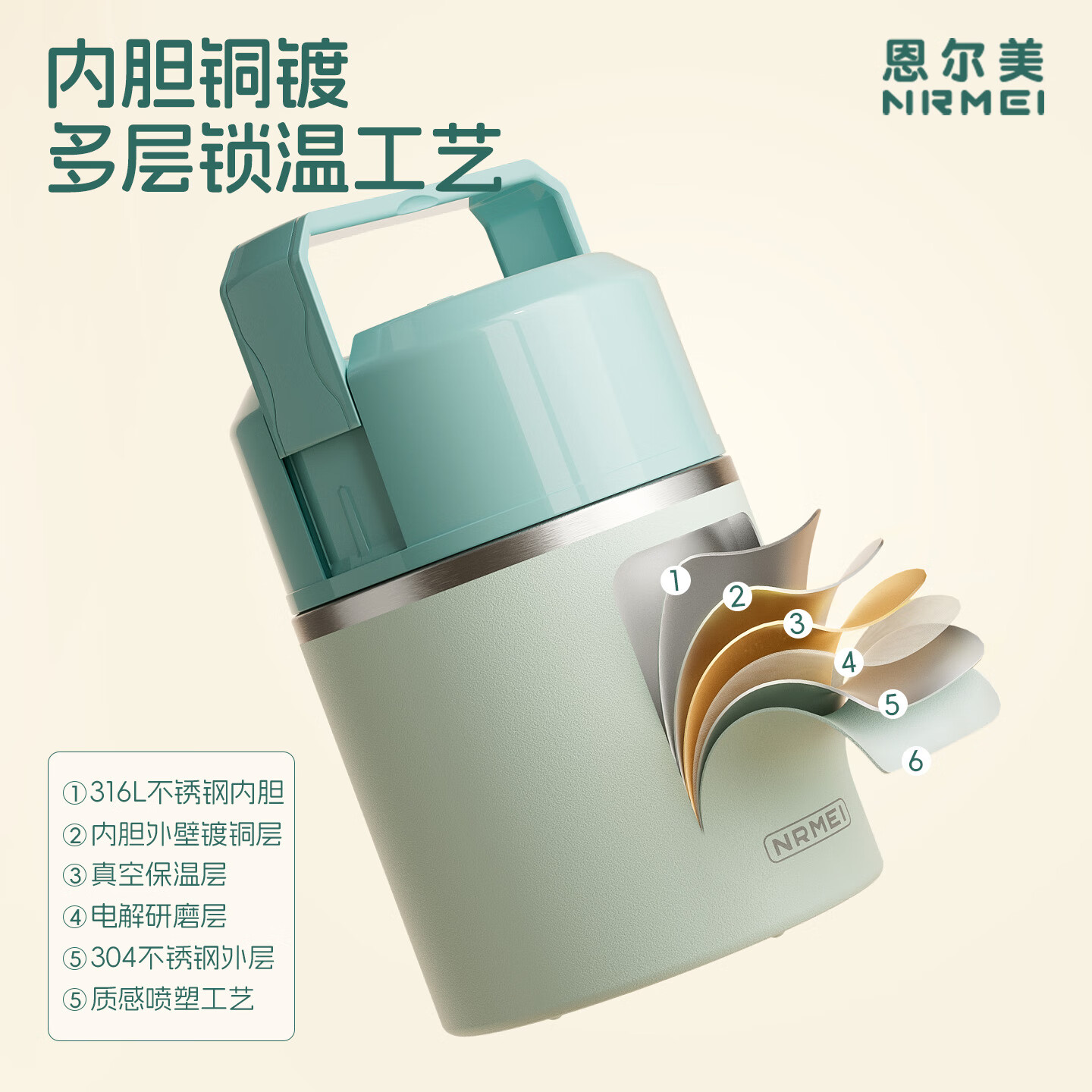 恩尔美(nRMEi)焖烧杯壶真空保温焖烧罐学生上班族焖粥带饭汤壶汤杯带提手保温桶 豆蔻绿1000ml【提手+316内胆】