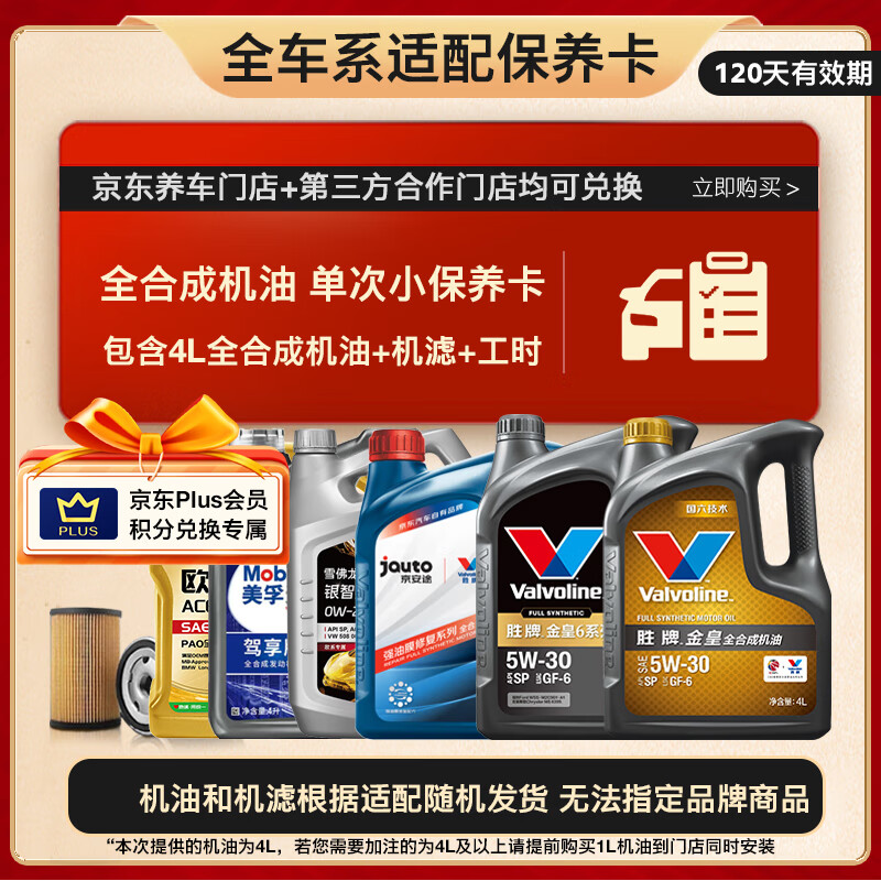 JD单次小保养 包含4L全合成机油+机滤+安装服务 有效期120天