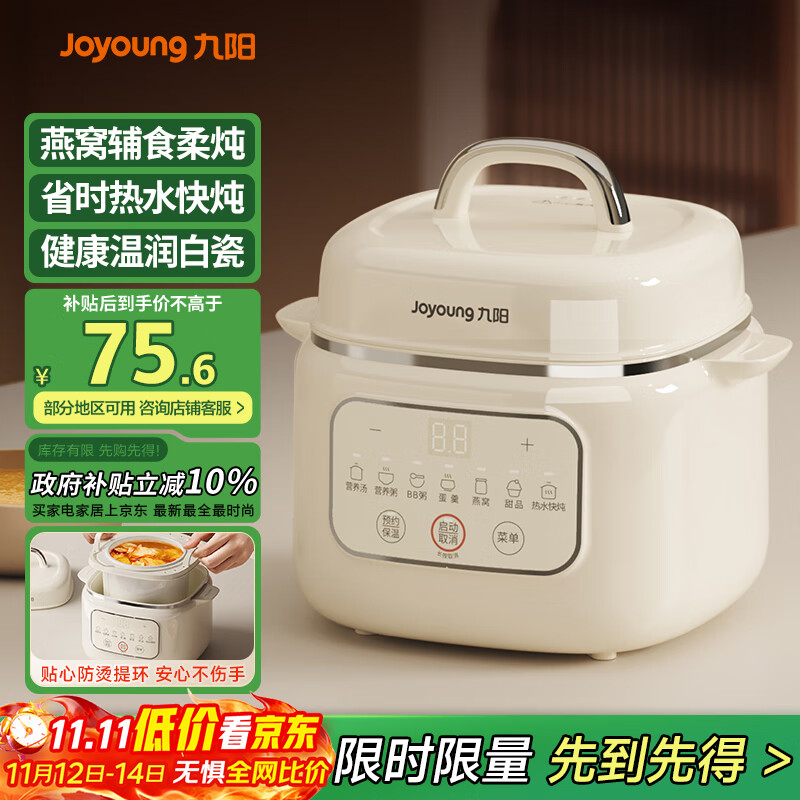 九阳（Joyoung）电炖锅电炖盅炖汤盅电炖锅 宝宝辅食锅煮粥锅燕窝炖盅bb粥 婴儿辅食隔水炖锅1-2人1L炖汤锅GD168