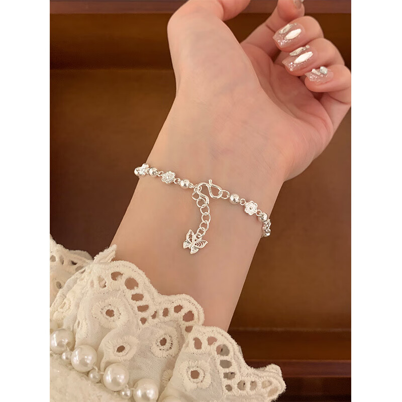 老银匠s999纯银花朵桃花蝴蝶手链轻奢小众精致温柔高颜值学生党银饰 s999足银 桃语心链