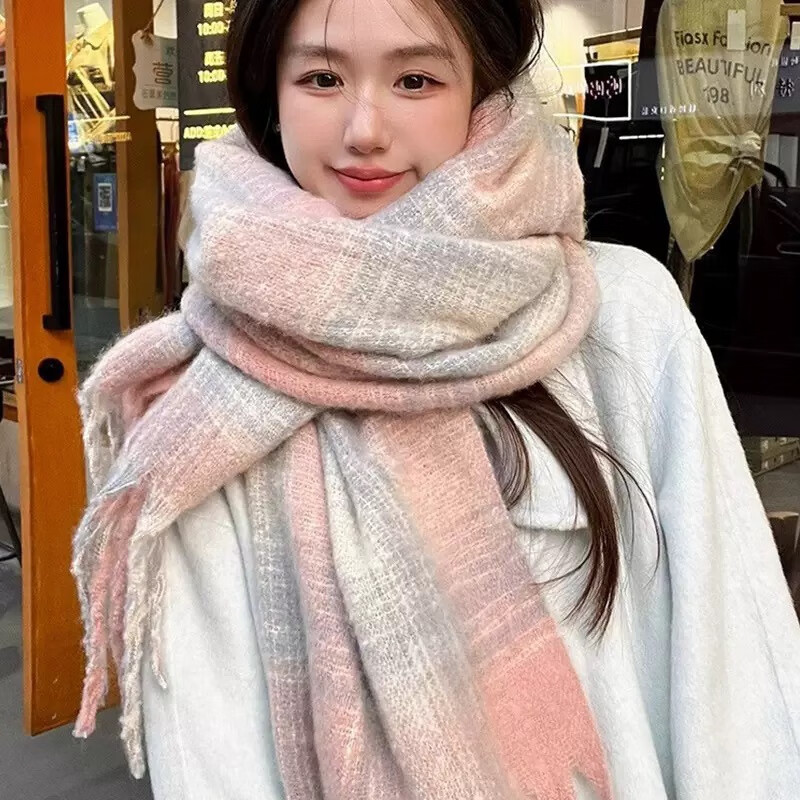 晒晒昵格子围巾女秋冬季时尚披肩韩版百搭厚保暖围脖2025新款学生 白蓝格子