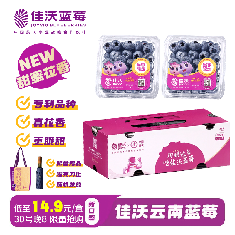 佳沃 JOYVIO云南蓝莓甜蜜花香系列 14mm+ 4盒礼盒装 约125g/盒 新鲜水果