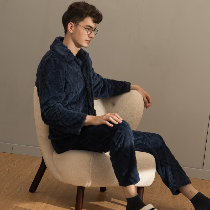 芬腾男士睡衣珊瑚绒家居服套装秋冬保暖 M98241404-宝兰 XL