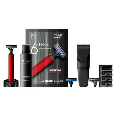 煥醒潮彩戰(zhàn)記手動(dòng)剃須刀德國(guó)6層刀片全金屬手柄喚醒刮胡刀禮盒裝H506-6R（霞光紅）10件套