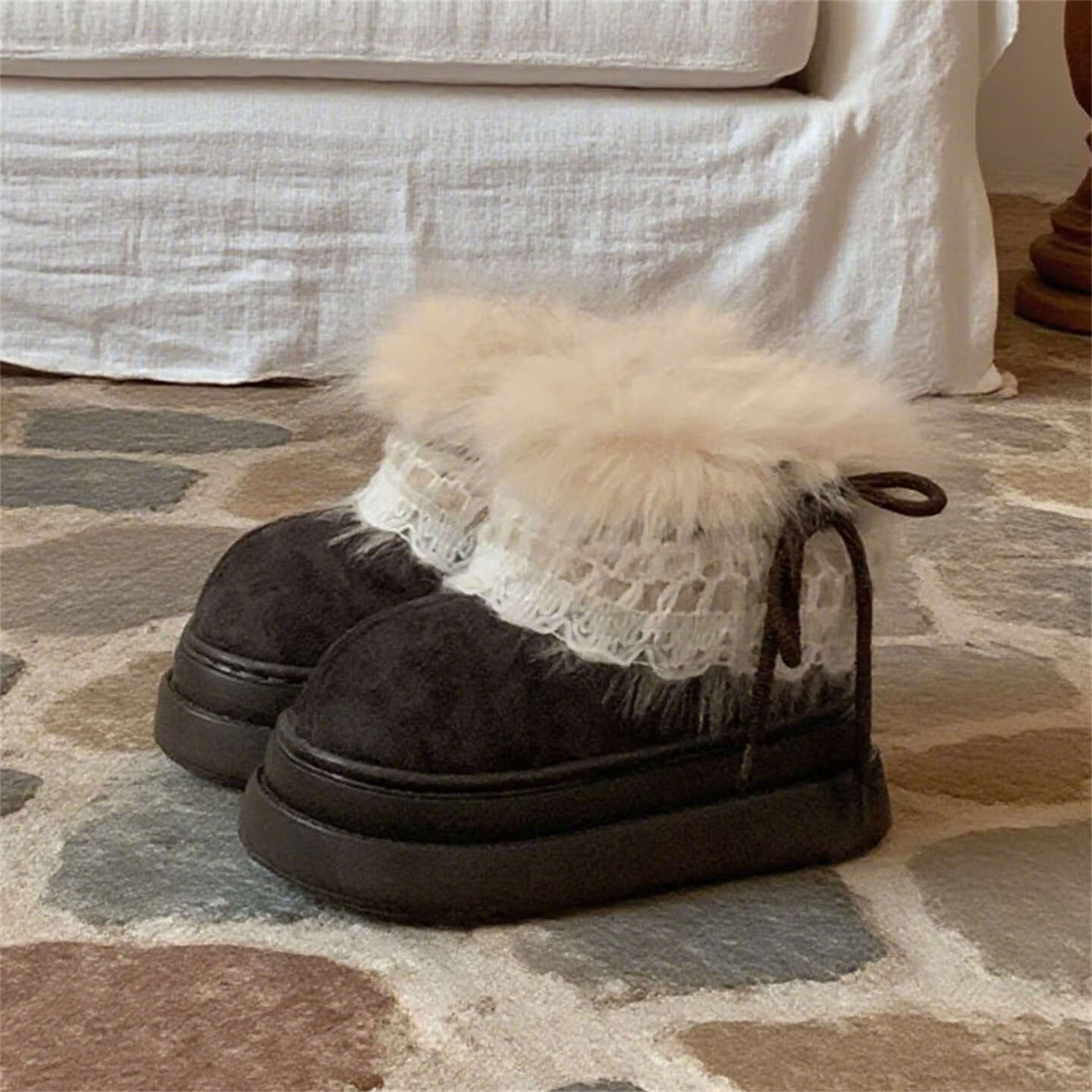 细细条（XIXITIAO）费尔岛毛毛雪地靴女冬季百搭增高厚底加绒保暖短靴子棉鞋 黑色【系带毛毛蝴蝶结】 36 -37【标准码】