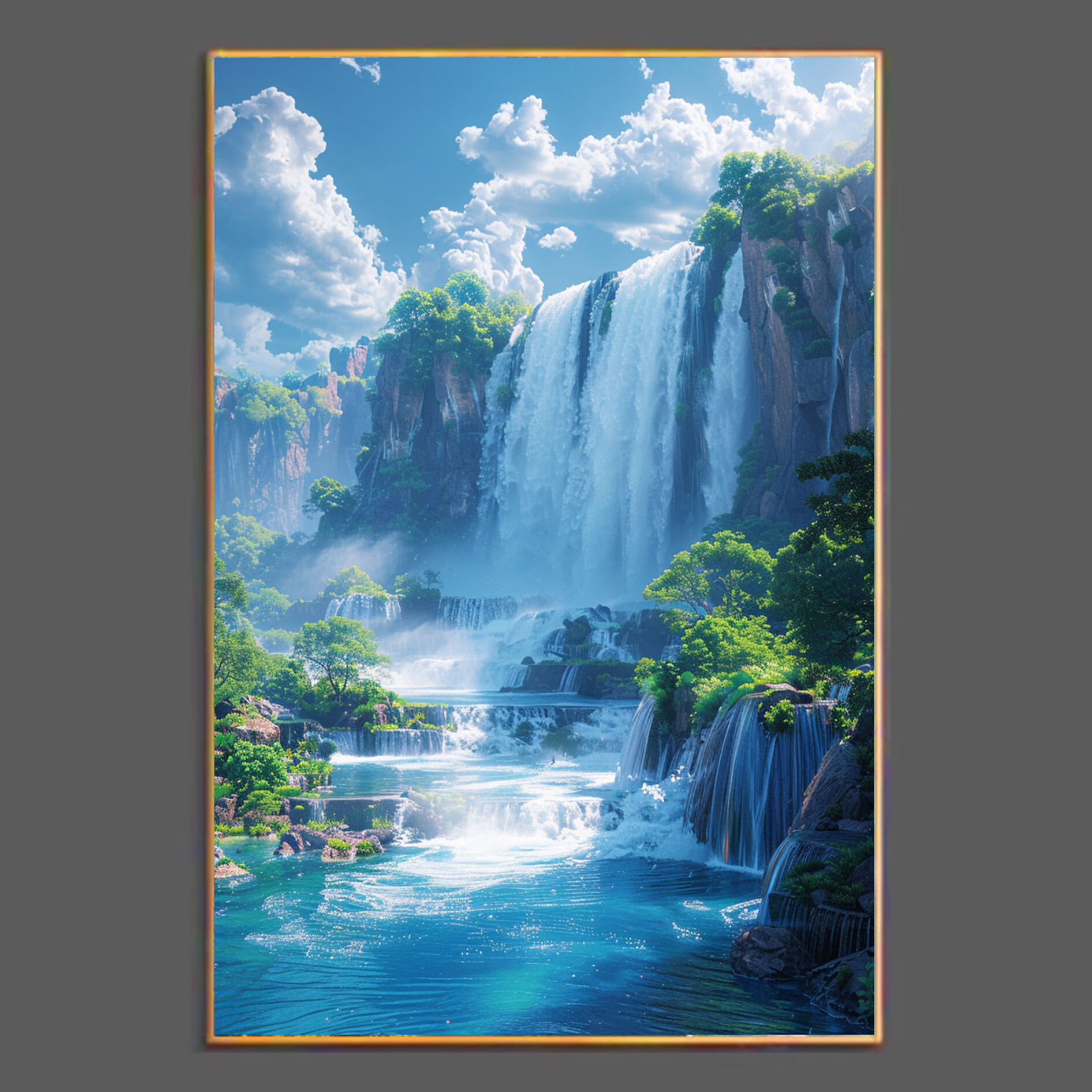 聚宝盆瀑布山水画客厅装饰画沙发背景墙画玄学风水晶瓷挂画免打孔
