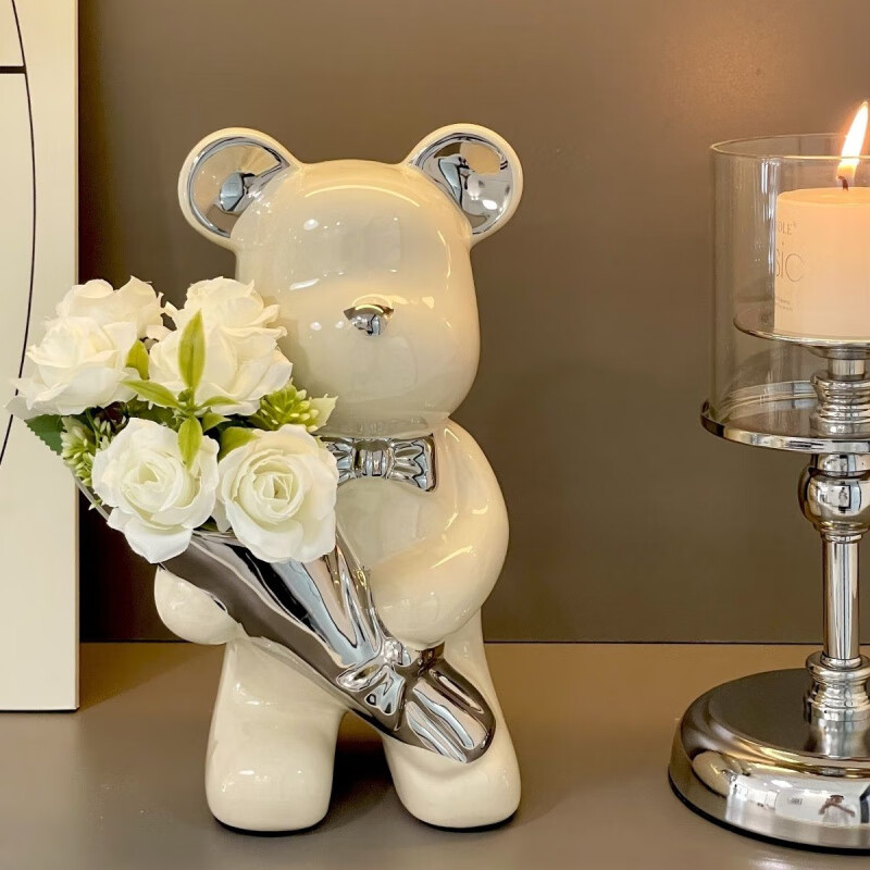OYKTN创意网红暴力熊熊捧花熊酒柜玄关卧室电视柜陶瓷摆件家居潮玩客厅 (不带花)银色抱花熊