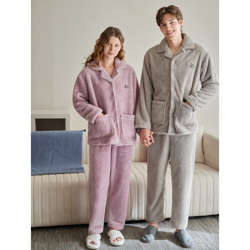 芬腾珊瑚绒睡衣男女士秋冬季套装保暖法兰绒加绒加厚休闲家居服冬天 FJ26940690浅灰 【单男款】 XL 建议:女124-142,男146-165斤