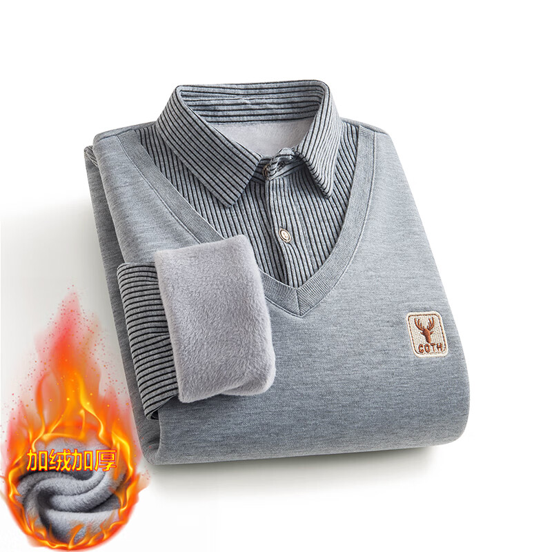 布卡澜琦男士秋冬假两件t恤商务休闲针织衫长袖加绒保暖T恤高级感条纹上衣 6712加绒灰色 L （建议110-130斤）