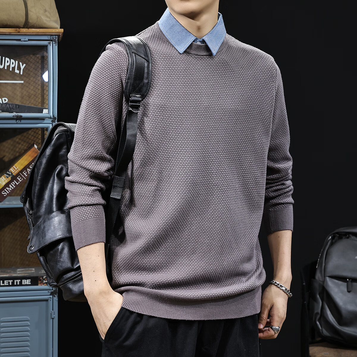 新百伦毛衣男士秋冬季内搭假两件针织衫保暖舒适毛线衣男装 黑色 常规 XL 码【建议130-145斤】