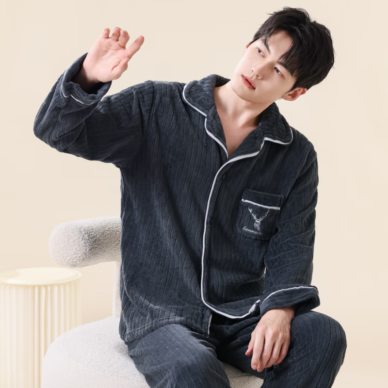 雪中飞珊瑚绒睡衣男士秋冬季加绒加厚2025新款法兰绒家居服套装大码保暖 NSCJF-灰色抽条小鹿 2XL 【宽松版型建议155-180斤】