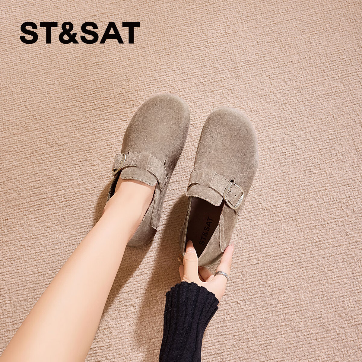 星期六真皮勃肯鞋女款2025新款秋季复古全包鞋子软底通勤不累脚百搭单鞋 灰色 【牛剖层皮革】跟高2cm 38