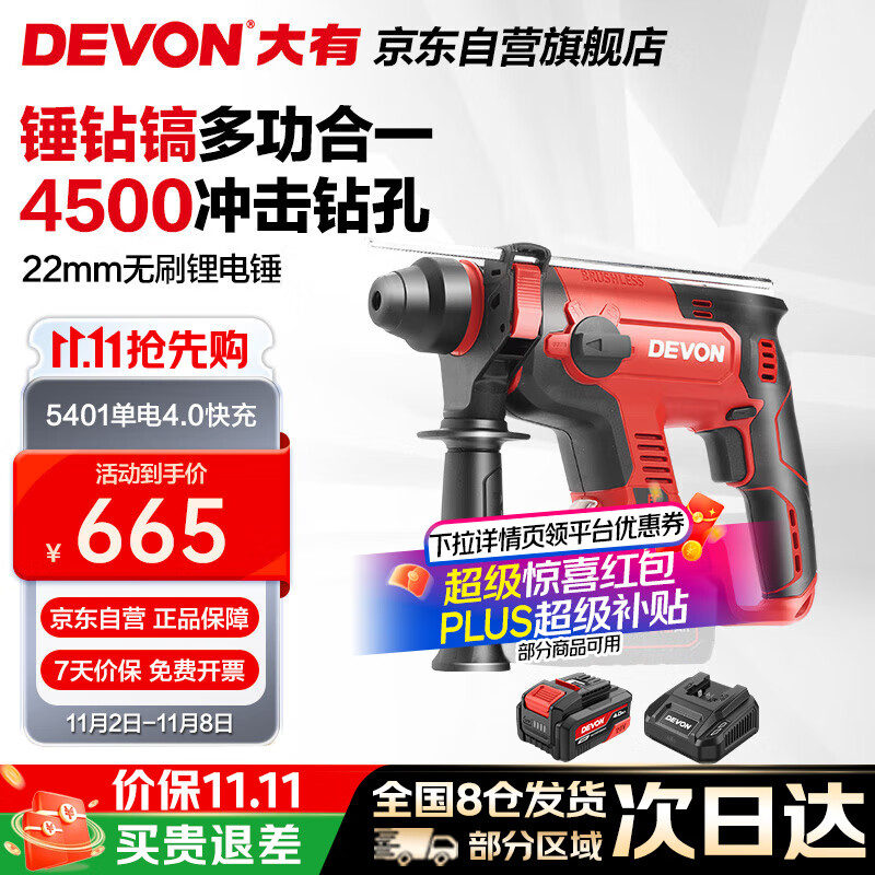 大有（Devon）20V工业级无刷充电锂电电锤5401打混凝土电镐开凿4.0Ah单电快充