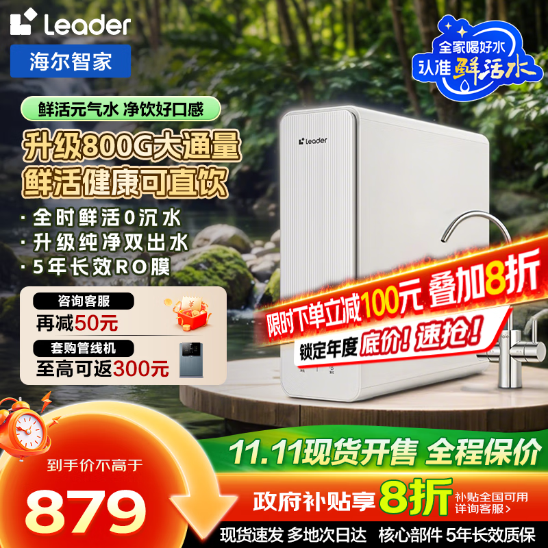 海尔智家出品Leader鲜活水净水器【国家补贴20%】厨下母婴级净水机RO反渗透双出水抑菌直饮净饮机 【抑菌率高达98%】800G鲜活0陈水