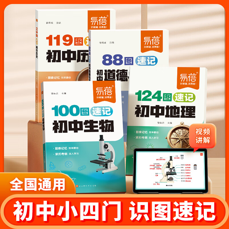 易蓓初中小四门识图速记历史道法地理生物图解妙记119图88图114图100图教材笔记课文划重点会考中考复习资料大全 小四门套装【历史+道法+地理+生物】