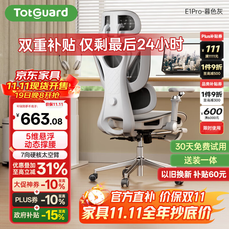 Totguard 人体工学椅电脑椅办公椅子电竞椅学习椅人工力学椅 E1Pro-暮色灰