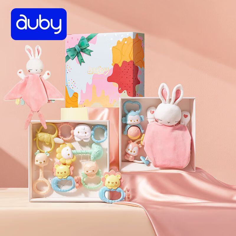 澳贝（auby）牙胶摇铃礼盒婴儿玩具满月送礼礼物兔子安抚巾宝宝新生儿礼盒 【彩装版】摇铃安抚礼盒