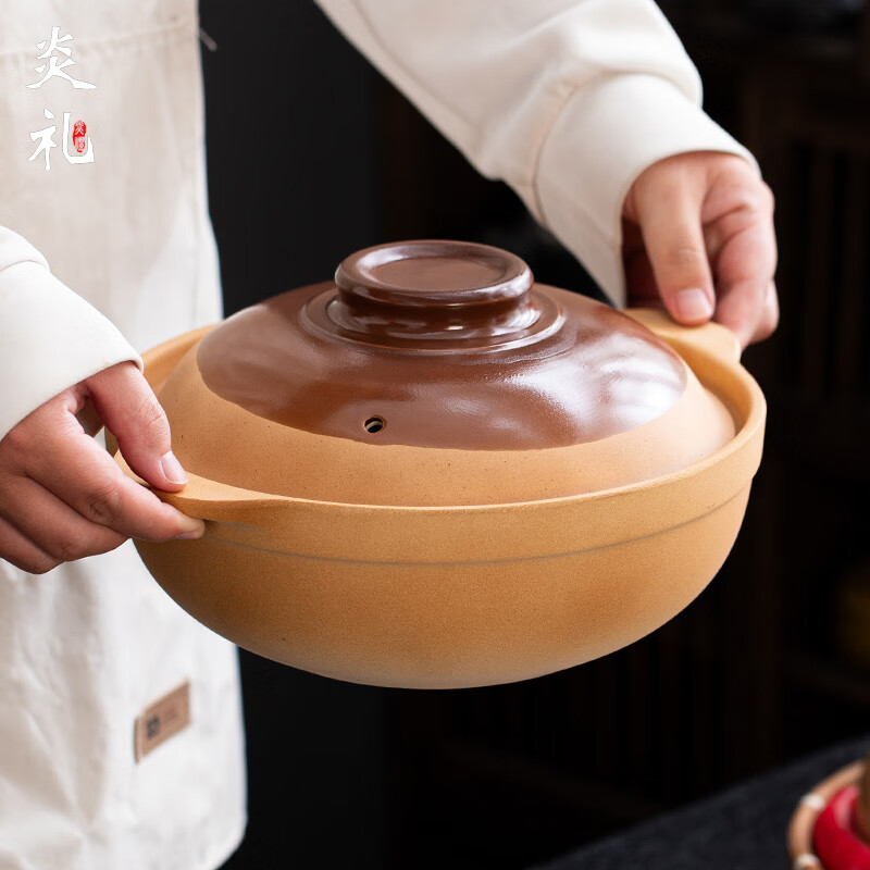 炎礼陶瓷老式砂锅煲家用汤锅煲仔饭燃气灶明火专用耐高温干烧不裂 30#复古平煲（有盖） 适用7-10人 4000ml