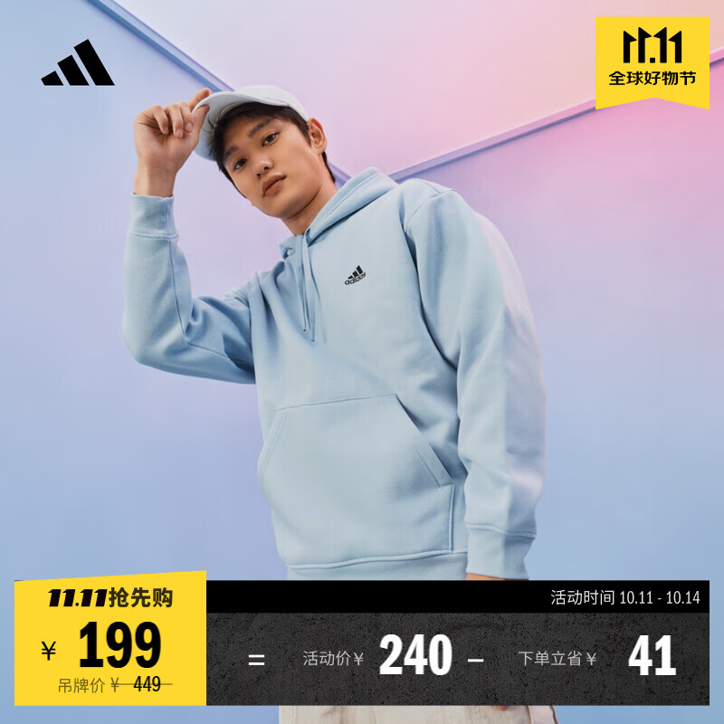 adidas情侣加绒加厚宽松连帽长袖套头卫衣男女秋冬阿迪达斯轻运动 蓝色/黑色   L  