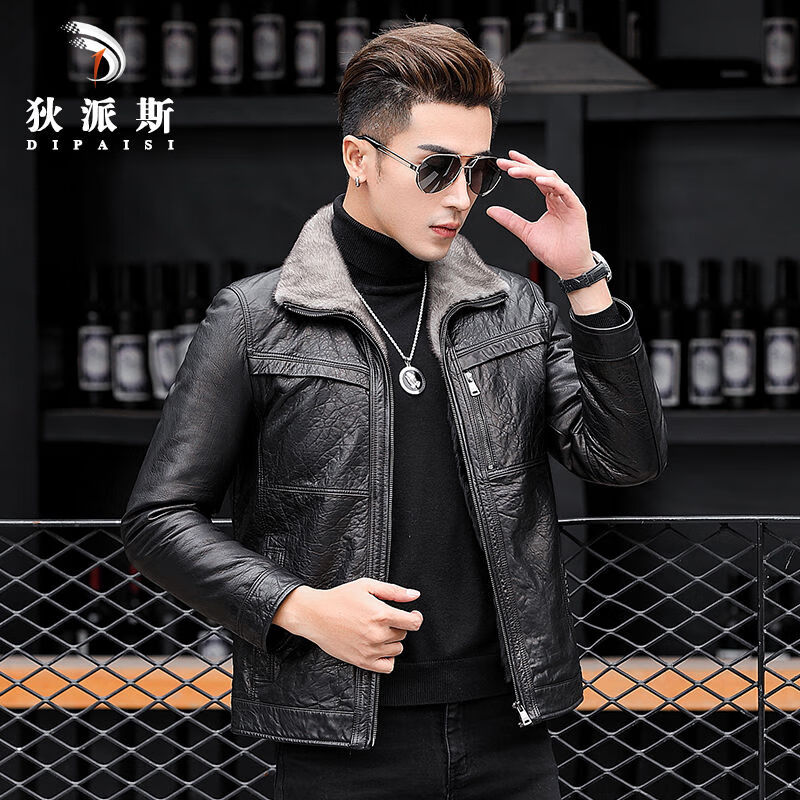 狄派斯貂皮大衣男皮毛一體短款水貂翻領綿羊皮冬季皮草加厚真皮皮 黑色 M