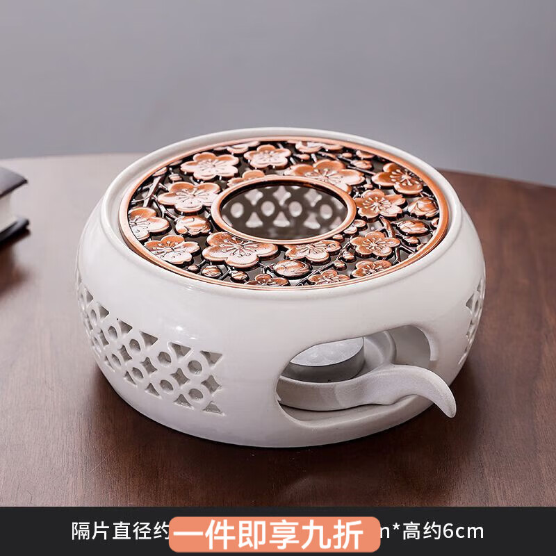 花沐禧暖茶陶瓷煮茶炉酒店餐厅必备半手工玲珑花茶壶蜡烛加热底座 缟羽白玲珑+梅花隔垫-【送烛托+蜡烛10枚】