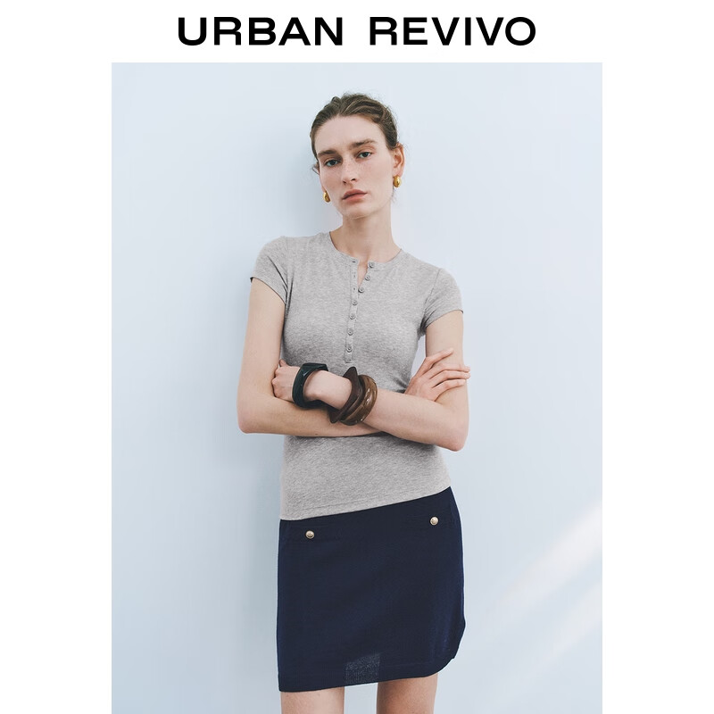 UR秋季新款女装简约休闲单排扣圆领修身T恤UWM450122 浅灰花灰 (面料微透) L