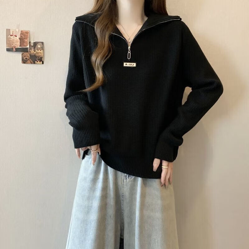 朵貌条半拉链翻领正肩女大码针织衫宽松显瘦毛衣打底衫减龄上衣 灰色 L 100-120斤