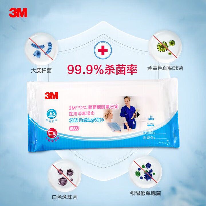 3M 2%葡萄糖酸氯已定医用消毒湿巾可加热皮肤清洁卫生除菌抑菌9600  9600湿巾3包