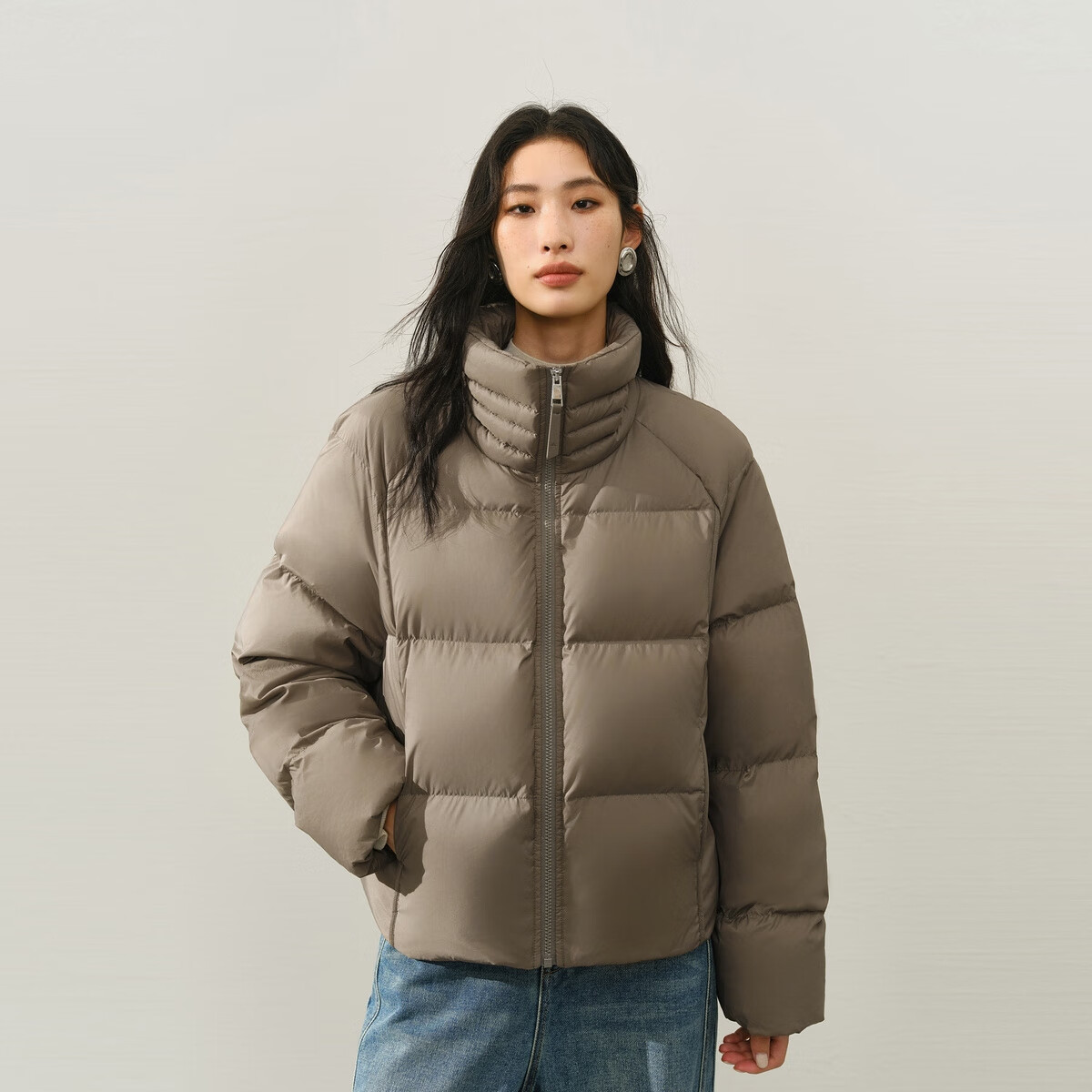 太平鸟【泡芙系列】蓄热防泼水立领防风羽绒服女短款白鸭绒外套 绿色 S 155