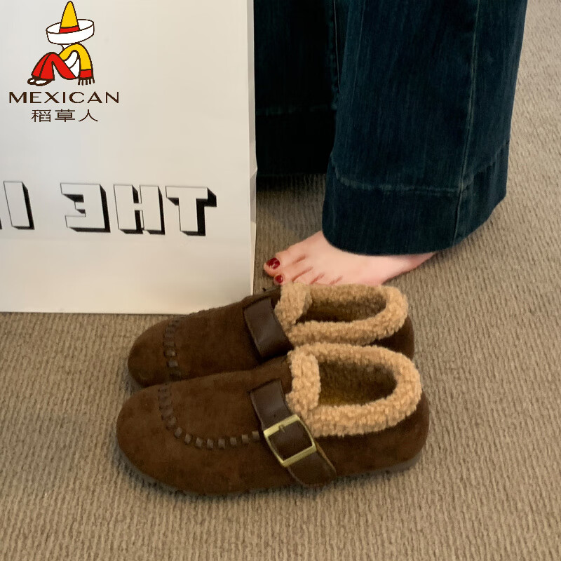 稻草人（MEXICAN）爆款复古休闲勃肯鞋女2026秋冬季新款内增高加绒豆豆鞋毛毛棉鞋子 咖色 35