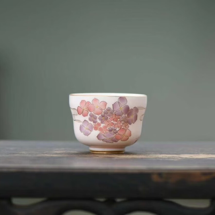 茶杯手绘陶瓷紫罗兰茶杯日式便携主人杯高端精品礼物茶杯带便携包 粉色四叶草茶杯100ml含茶杯包
