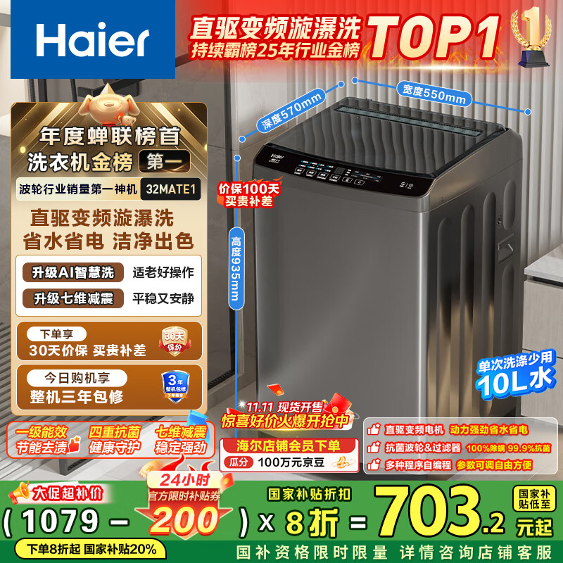 海尔（Haier）波轮洗衣机全自动小型家用10公斤EB100B32Mate1 直驱变频京东自营家电国家补贴一级能效出租房宿舍