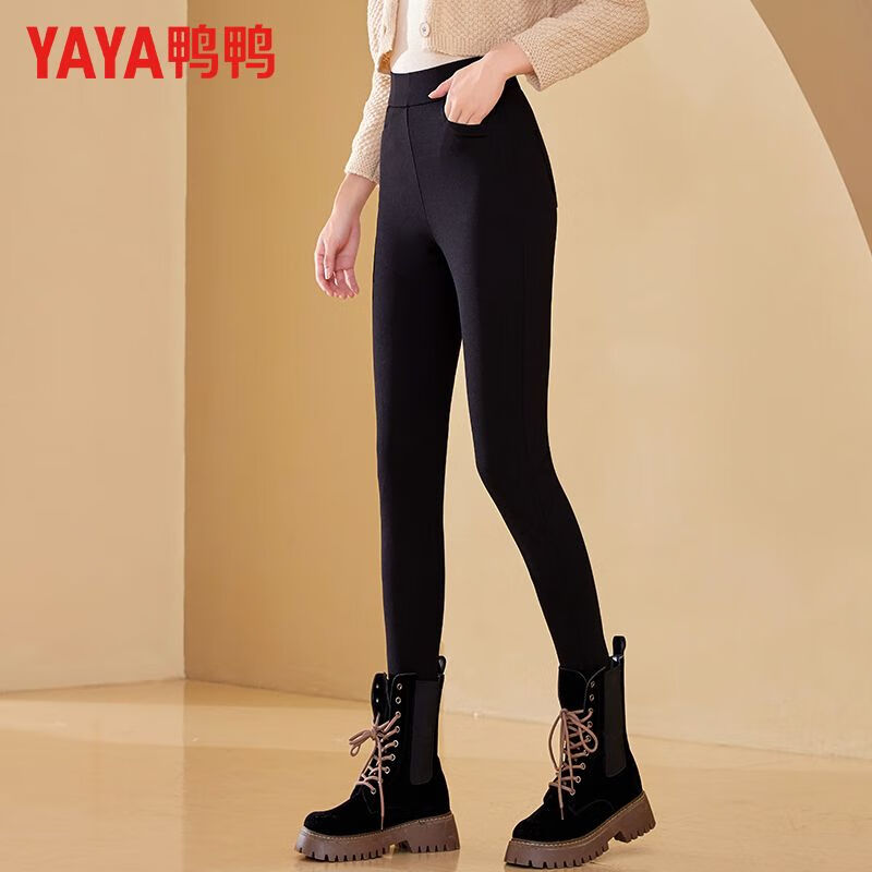 鸭鸭（YAYA）高腰羊毛羽绒裤女外穿加长裤子高个子冬超厚紧身保暖鸭绒裤 黑色 M