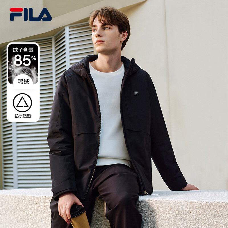 FILA 斐乐官方男士羽绒服2025冬季新款时尚休闲基础保暖连帽外套 正黑色-BK XL 180/100A/XL