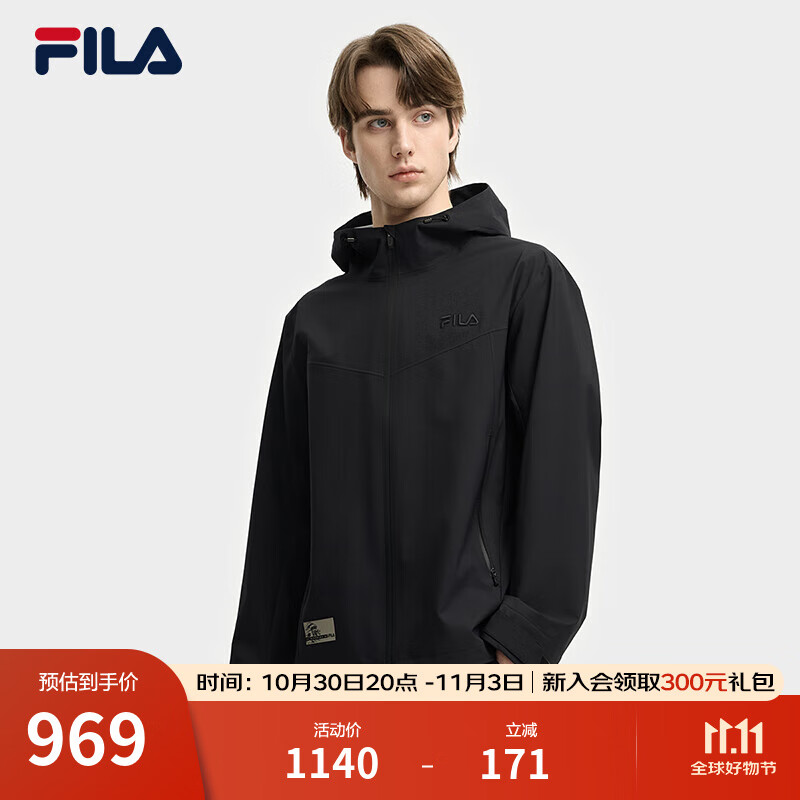 FILA 斐乐官方男士梭织外套2025秋新款时尚休闲宽松连帽上衣夹克 正黑色-BK 2XL 185/104A/XXL