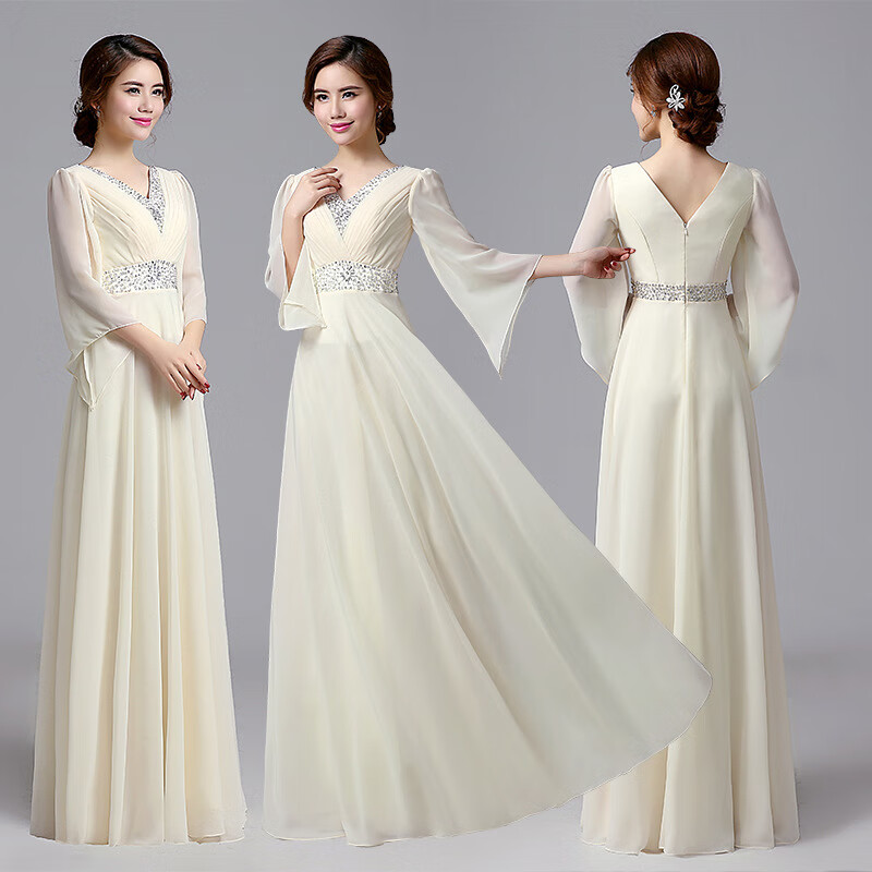 团演出服女长裙大合唱服装合唱礼服女连衣裙长款成人2019新款 香槟色